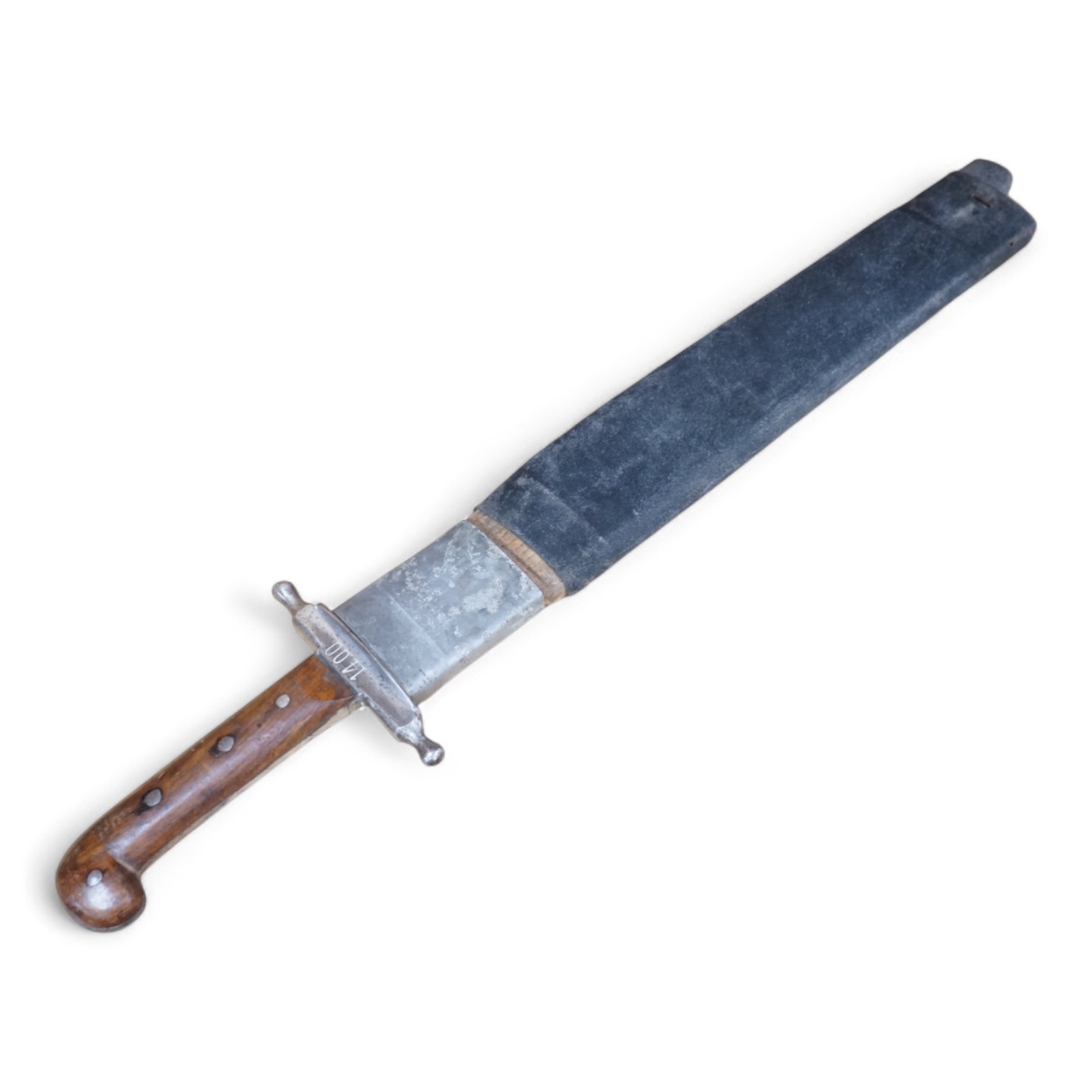 A 19th century Austrian military fascine knife, regulation iron crosspiece, two piece riveted wooden grips, in its wooden scabbard with iron mounts, leather covering loose